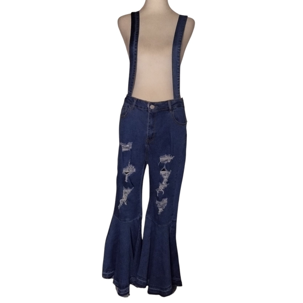 American Bazi NWT Medium Wash Stretch Super Flare Overalls Size Large
